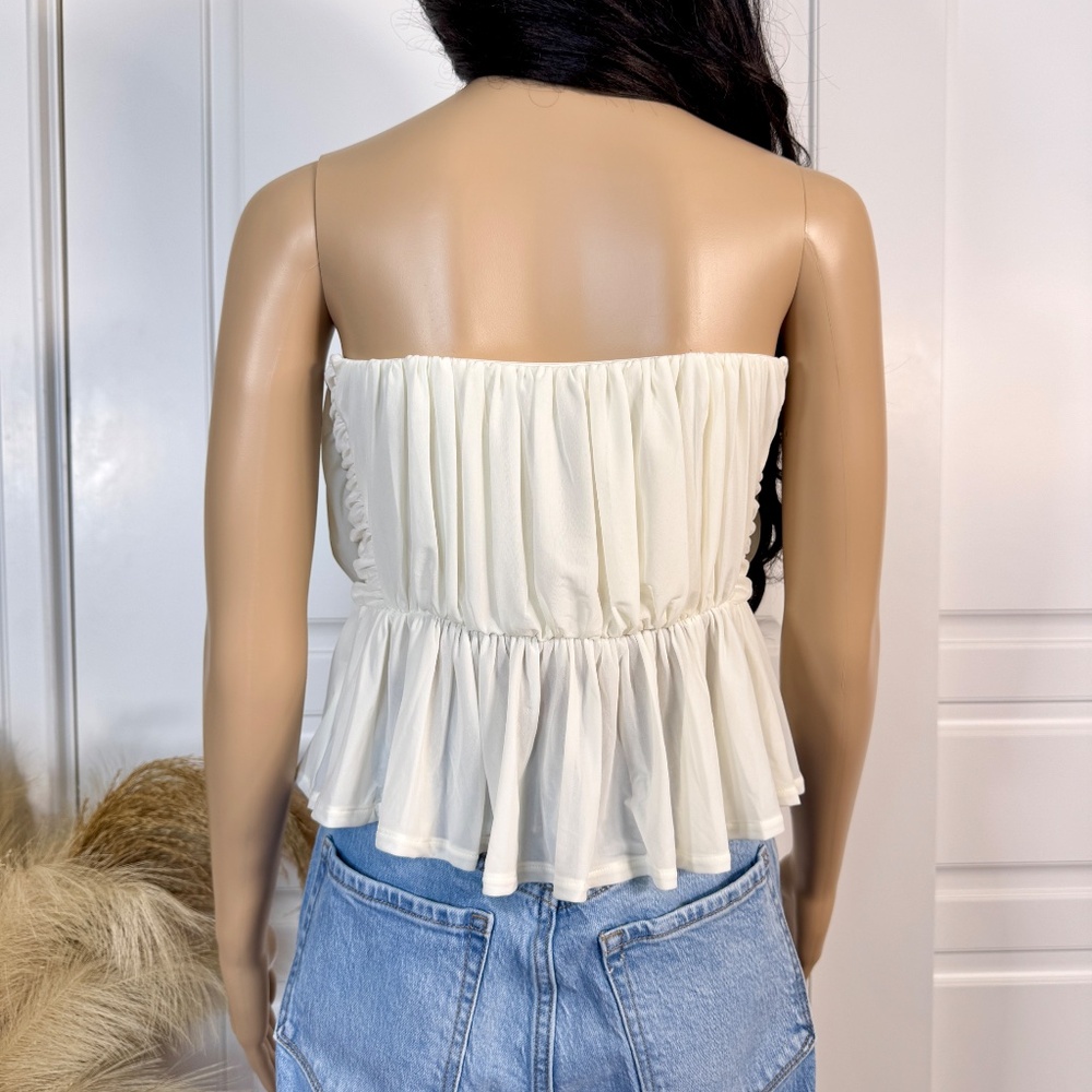 EXPRESS RUCHED STRAPLESS IVORY PEPLUM TUBE TOP - Picture 7 of 13